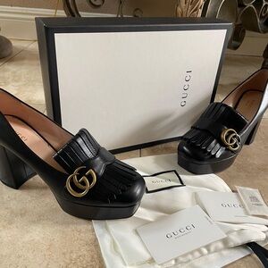 Gucci Black Leather Heels with Gold Accent
